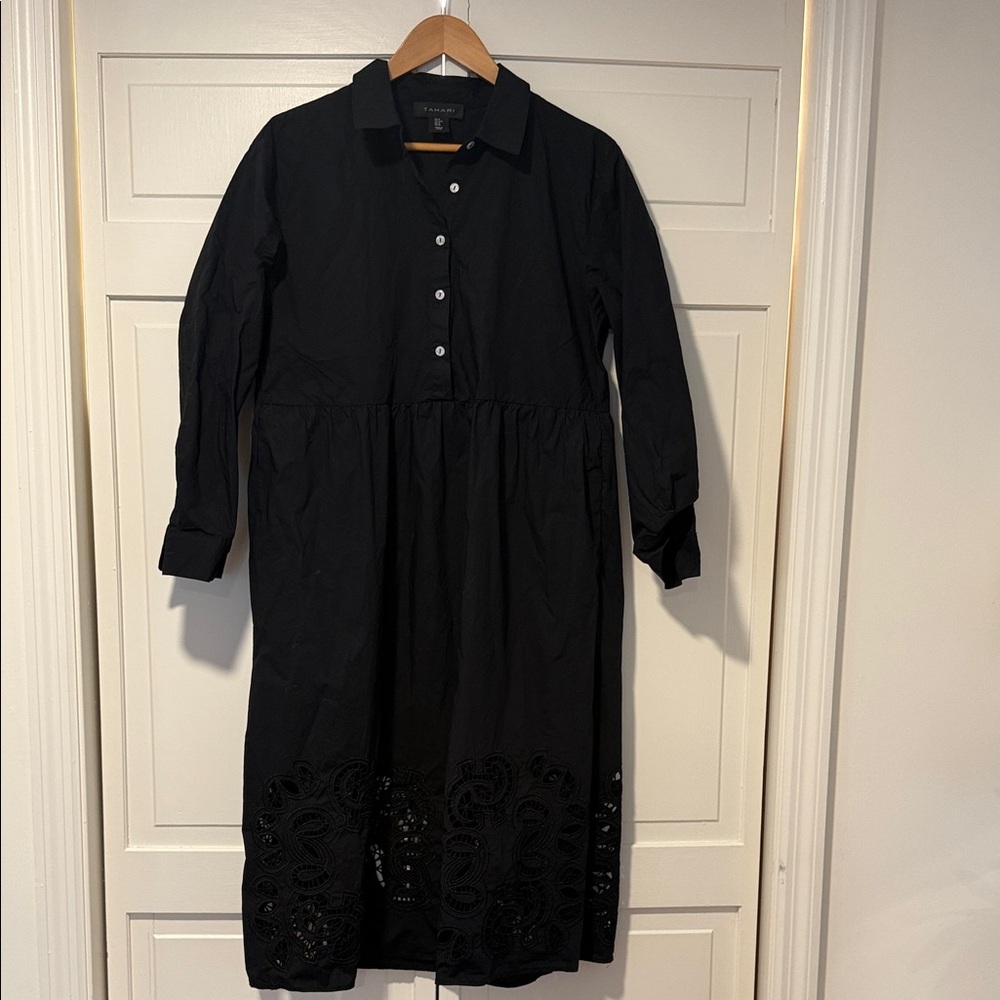 Tahari Black Long-Sleeve Collared Midi Belted Dress Eyelet Hem cotton medium